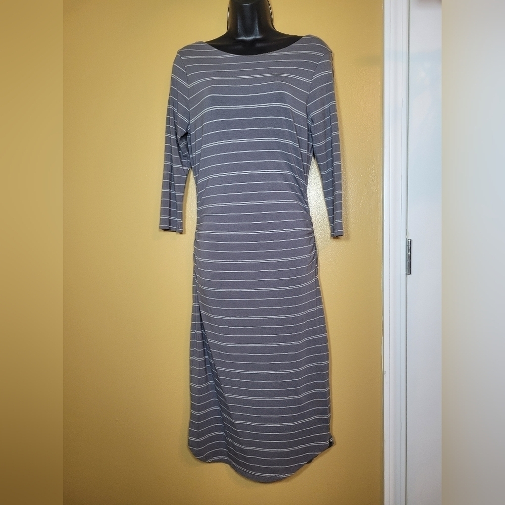 Athleta Comeback Striped Ruched Midi Length Long Sleeve Dress sz S 779703